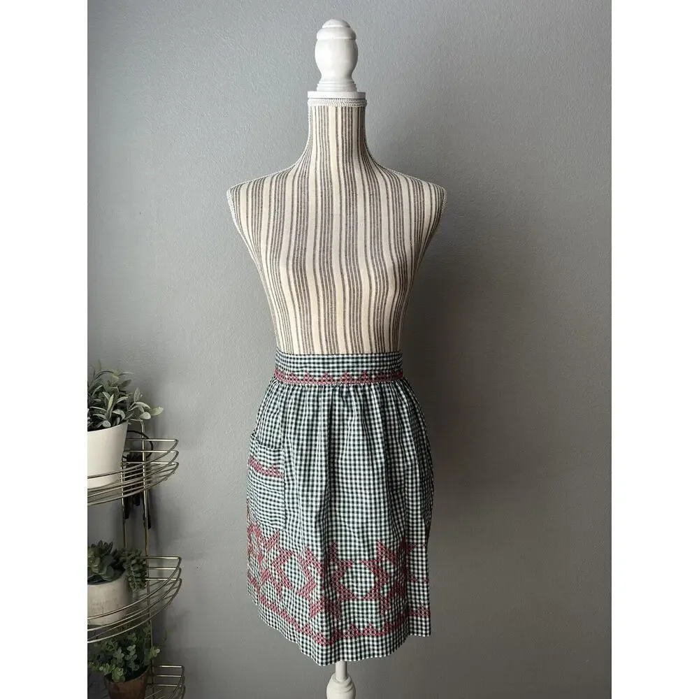 Green Red White Gingham Waist Apron with Red Rickrack and Embroidery Christmas